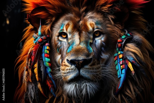 Lion with Colorful Feathers on Head Generative AI