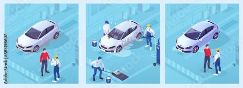 Set of car washing service. Worker cleaning vehicle from dust and mud. Automobile care, station with special equipment. Soap and sponge. Blue background. Isometric vector illustration.