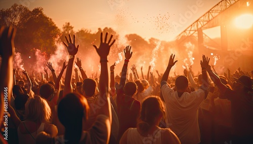 people at a music festival with their hands raised