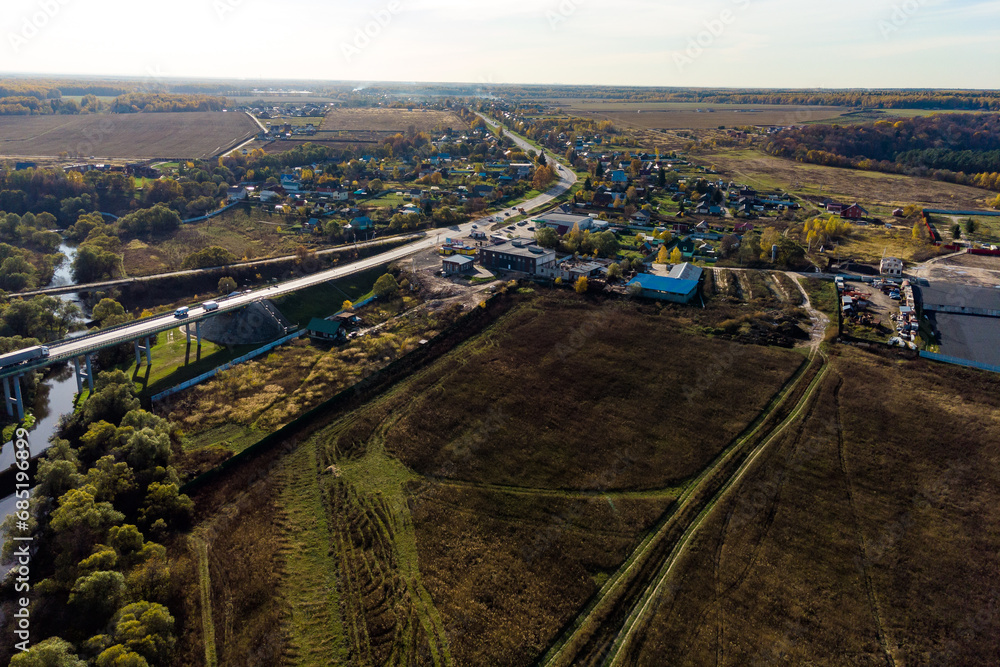 Panoramic aerial view of the village of Papino, Zhukovsky district, Kaluga region, Russia
