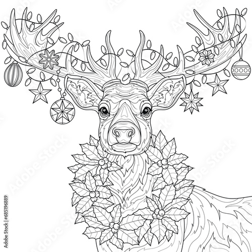 Christmas reindeer with garlands on its horns and a wreath.Coloring book antistress for children and adults. 