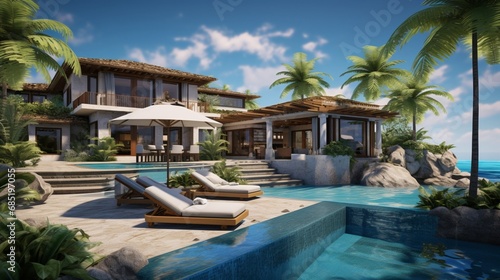 A realistic digital rendering of a luxurious beachfront villa with panoramic ocean views, a private pool, and open-air living spaces, creating a coastal and opulent vacation home