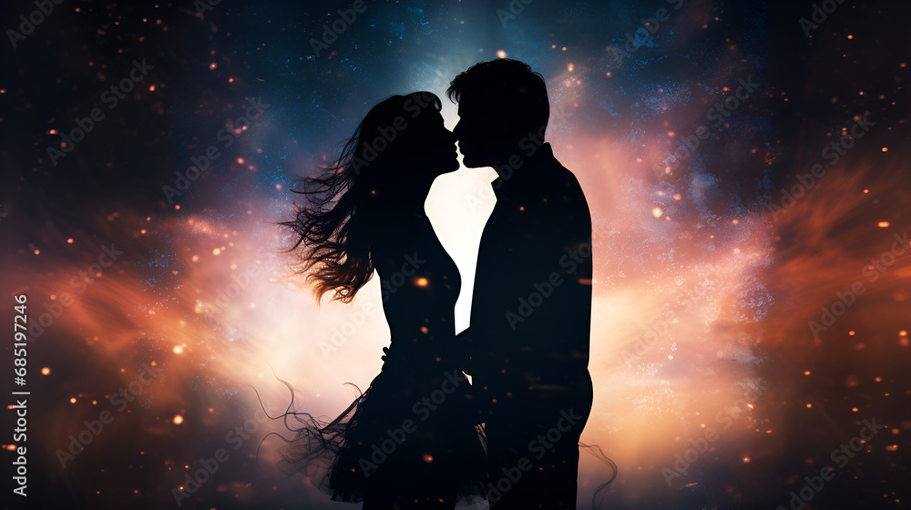valentine, silhouette of a couple in love on galaxy, 