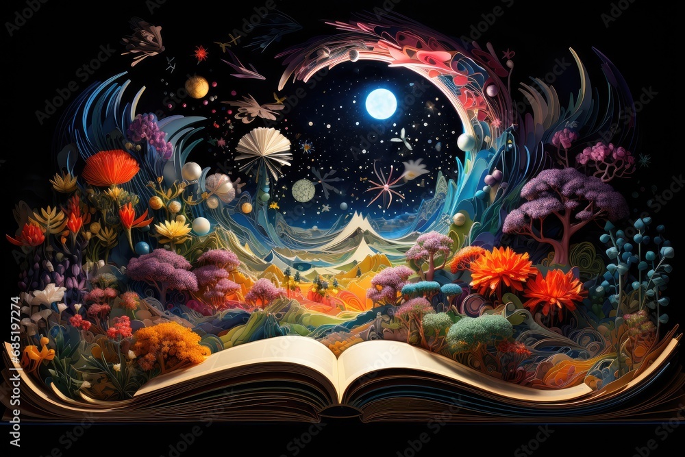 the opening of a book shows a colorful rainbow and dark night sky