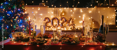 No people shot of dining table decorated with Christmas ornaments with cozy atmosphere 