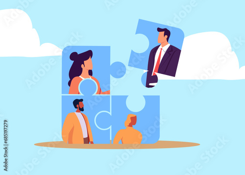 New joiner to fill in team and solve problem, teamwork to get solution, put right man in the right job to fit job description concept