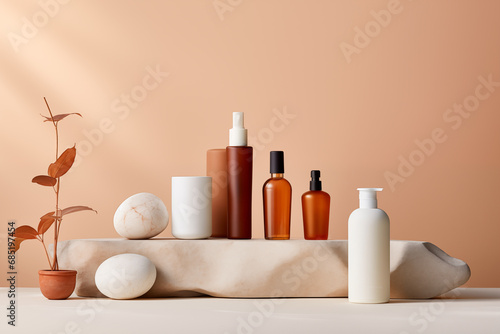 Mockup Bottles shampoo or shower gel Lotion, essential oil, cream, massage brushes, Body and face care beauty bath set