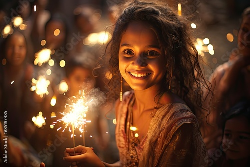 young indian mother celebrating diwali with sparklers