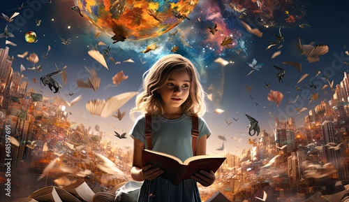 a book with world on top and a girl by it