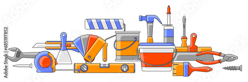 Background with repair tools. Equipment for construction industry and business.