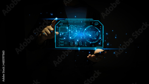 A businessman interacts with a virtual chart interface, bridging technology and business innovation,