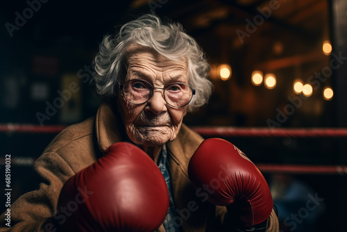 Grandmother boxer in boxing gloves on boxing ring. Old beautiful Grandma in clothes in boxing gloves in fight. Tough old granny wearing boxing gloves. Angry granny boxer in boxing. Grandmother fighter © MaxSafaniuk