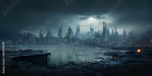 A dystopian cityscape at night, illuminated by digital billboards and surrounded by a polluted atmosphere © EOL STUDIOS