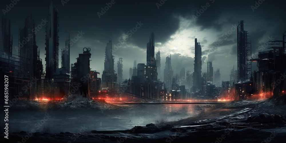 A dystopian cityscape at night, illuminated by digital billboards and surrounded by a polluted atmosphere