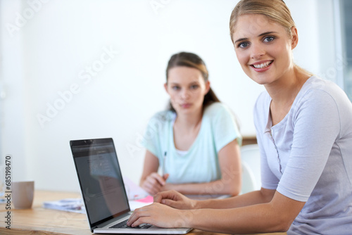 Business women, teamwork and laptop for office planning, marketing research and copywriting for website. Young professional employees, creative writer or people in portrait, computer and social media