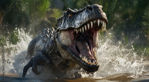 scene of dinosaurs in water hunting for prey