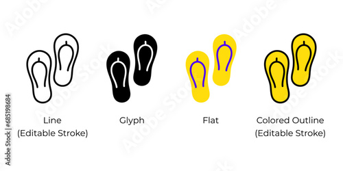 Pair of flip flops, sandals, slippers vector icon set for website design, app, ui, isolated on white background. Vector illustration.