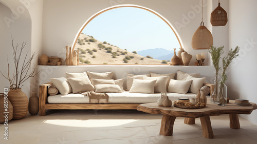 3d rendered illustration of modern Scandinavian living room interior with big round window, decoration, and sand landscape outside photo