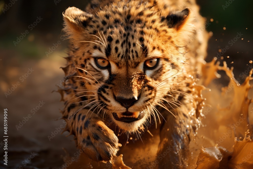 Fototapeta premium Cheetah Sprinting Through Mud in the Wild Generative AI