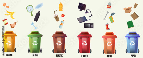 Set of various garbage and rubbish bin designed for recycling. Collection of mixed, e-waste, paper, carton, organic, metal trash sorting. Reusable container. Ecofriendly concept. Vector illustration