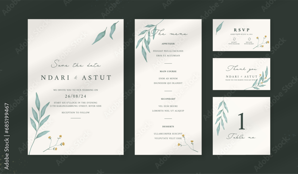 Abstract watercolor wedding invitation template. set of wedding stationery. luxury card and poster background.