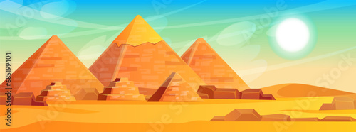 Picturesque landscape with Egyptian pyramids. Scenic panoramic view on African world wonder. Sahara desert tourist attraction, ancient giza, cheops landmarks. Vector illustration