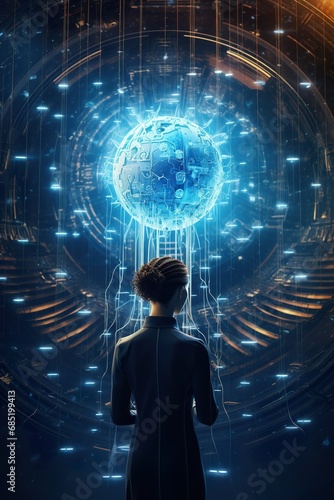 A human with an AI brain implant accessing a vast digital knowledge network, depicted in a futuristic interface © EOL STUDIOS