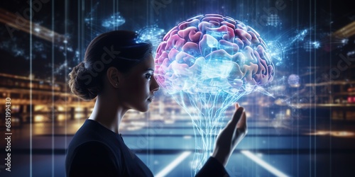 A human with an AI brain implant accessing a vast digital knowledge network, depicted in a futuristic interface