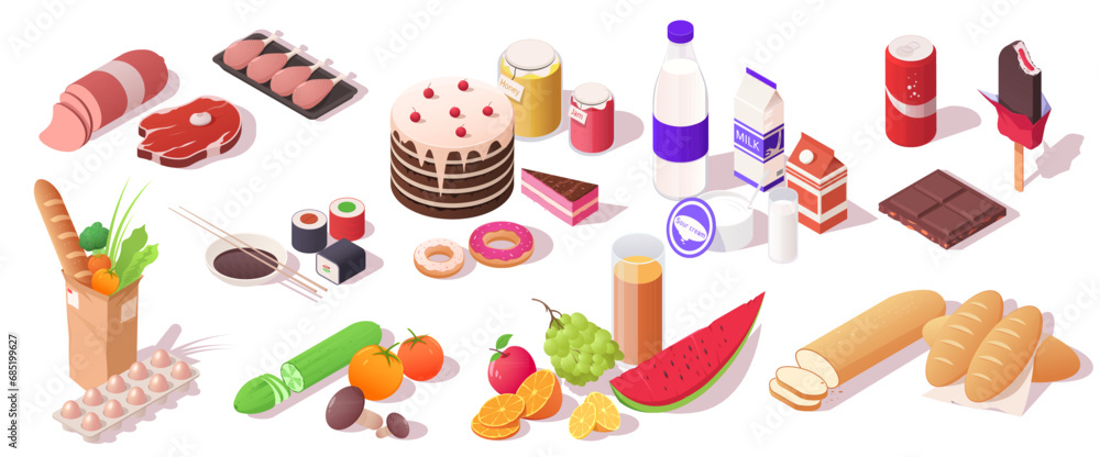 Set of various national traditional food dishes. Collection of sausage, steak, vegetable, fruit, sweets, cake, donate, milk, fresh bread. Isolated on white background. Isometric vector illustration Set of various national traditional food dishes. Collection of sausage, steak, vegetable, fruit, sweets, cake, donate, milk, fresh bread. Isolated on white background. Isometric vector illustration