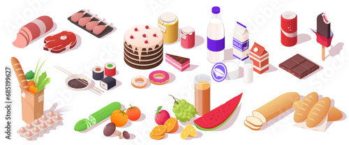 Set of various national traditional food dishes. Collection of sausage, steak, vegetable, fruit, sweets, cake, donate, milk, fresh bread. Isolated on white background. Isometric vector illustration