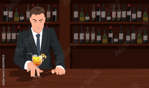 Brutal bartender holds out whiskey cocktail standing near bar counter. Alcohol bar with wine bottles, man in formal suit preparing cocktail. Cute cartoon design, pub concept. Vector illustration