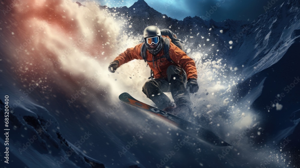 snowboarder coming down from a snowy mountain snowboarder coming down from a snowy mountain