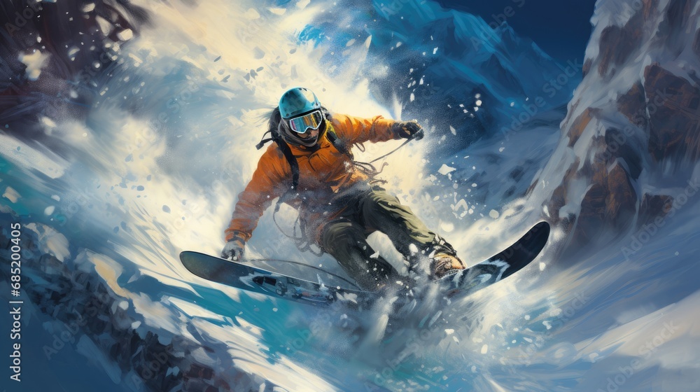snowboarder coming down from a snowy mountain snowboarder coming down from a snowy mountain