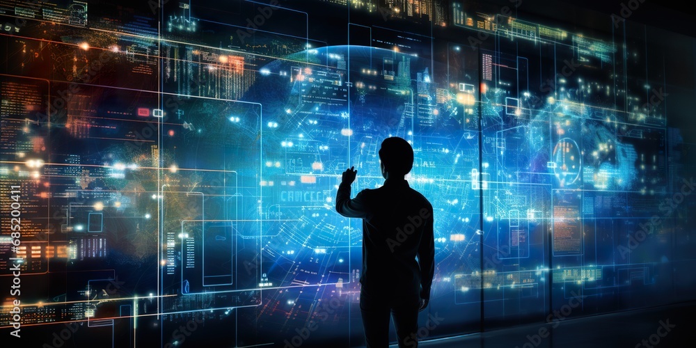 Fototapeta premium A person interacting with a complex, holographic interface full of digital data and analytics