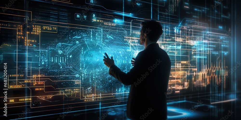 A person interacting with a complex, holographic interface full of digital data and analytics A person interacting with a complex, holographic interface full of digital data and analytics