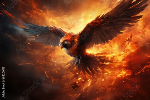 Fiery Bird Soaring over a Blaze-Infused Sky Generative AI