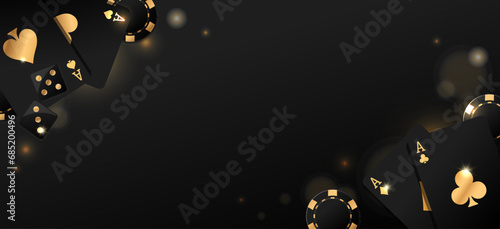 Flying vegas casino golden black poker chips, dice and cards. Gambling addiction, risky money, huge jackpot, lucky game. Concept of playing game via real cash. Dark background. Vector illustration photo