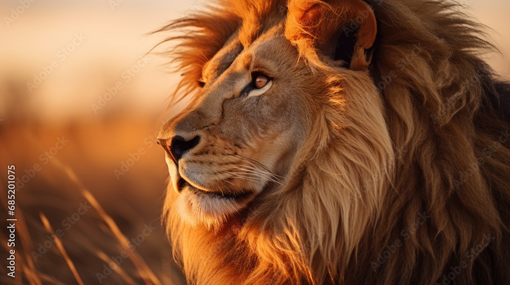Fototapeta premium Majestic Lion Gazing into Sunset in Savannah