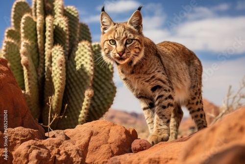 A wild cat with yellow fur and black spots stands in the desert. © linen