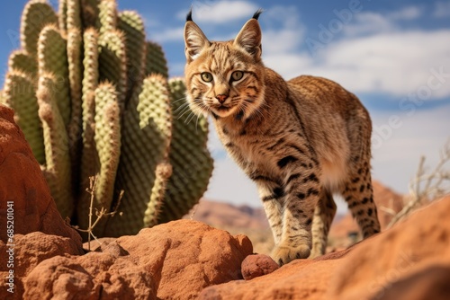 A wild cat with yellow fur and black spots stands in the desert.