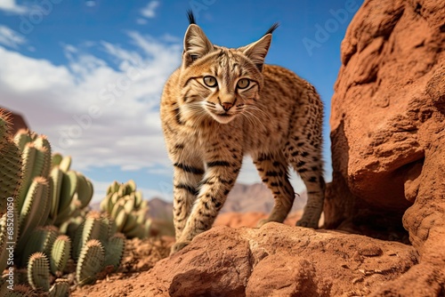 A wild cat with yellow fur and black spots stands in the desert.