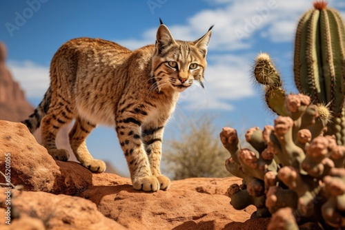 A wild cat with yellow fur and black spots stands in the desert.