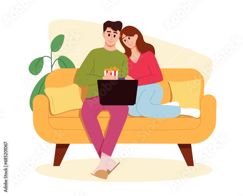 Leisure and Recreation for Couple Concept. Married Couple Watching a Movie Stting on Couch. Husband and Wife Spending Time Together. Vector Flat Illustration.