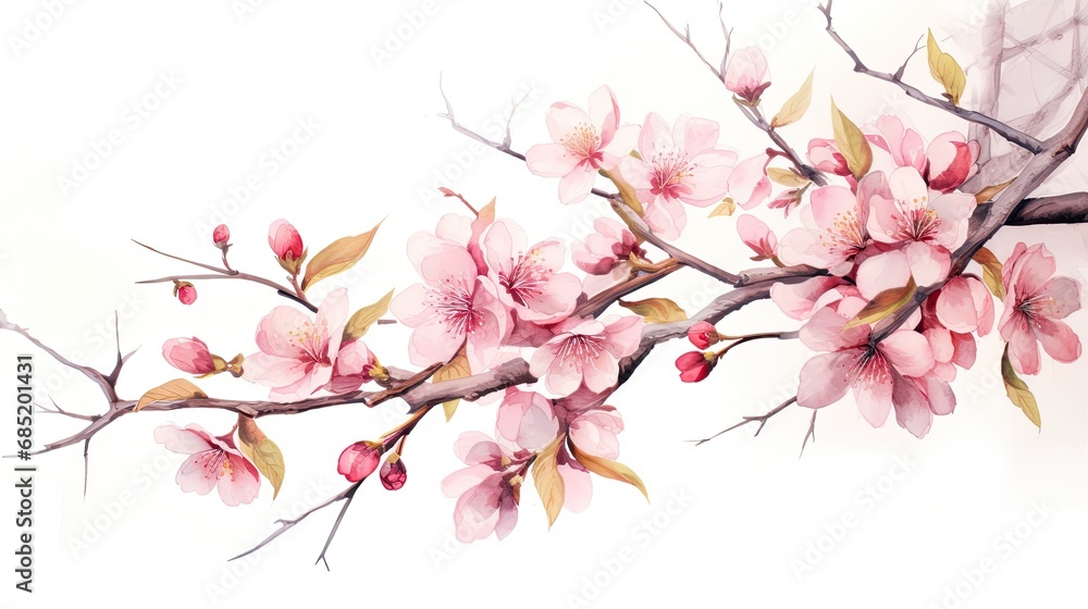 Watercolor Branches With Sakura pink flowers