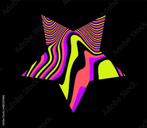 Star with psychedelic pattern in neon acid colors. Template for a logotype design.