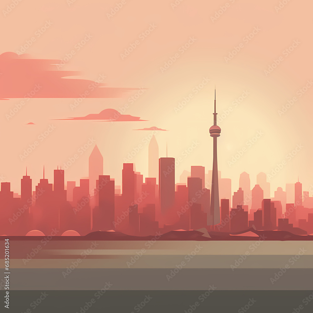 a minimalist city skyline at dawn with a soft, muted color palette