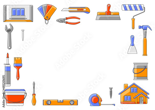Frame with repair tools. Equipment for construction industry and business.