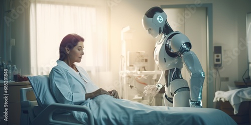 A robot nurse assisting in a hospital ward, providing care and support to patients with compassion and efficiency