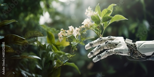 A robotic hand delicately holding a living plant, symbolizing the harmony between technology and nature photo