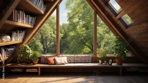 Explore an eco haven: opened roof window in a wooden attic with park view. Showcase sustainable living and green architecture